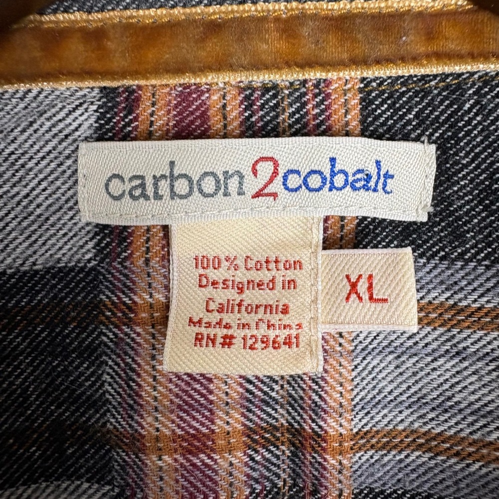 Carbon 2 Cobalt Mens XL Plaid Flannel Button Down Shirt Grey Orange Long Sleeve - Picture 3 of 6